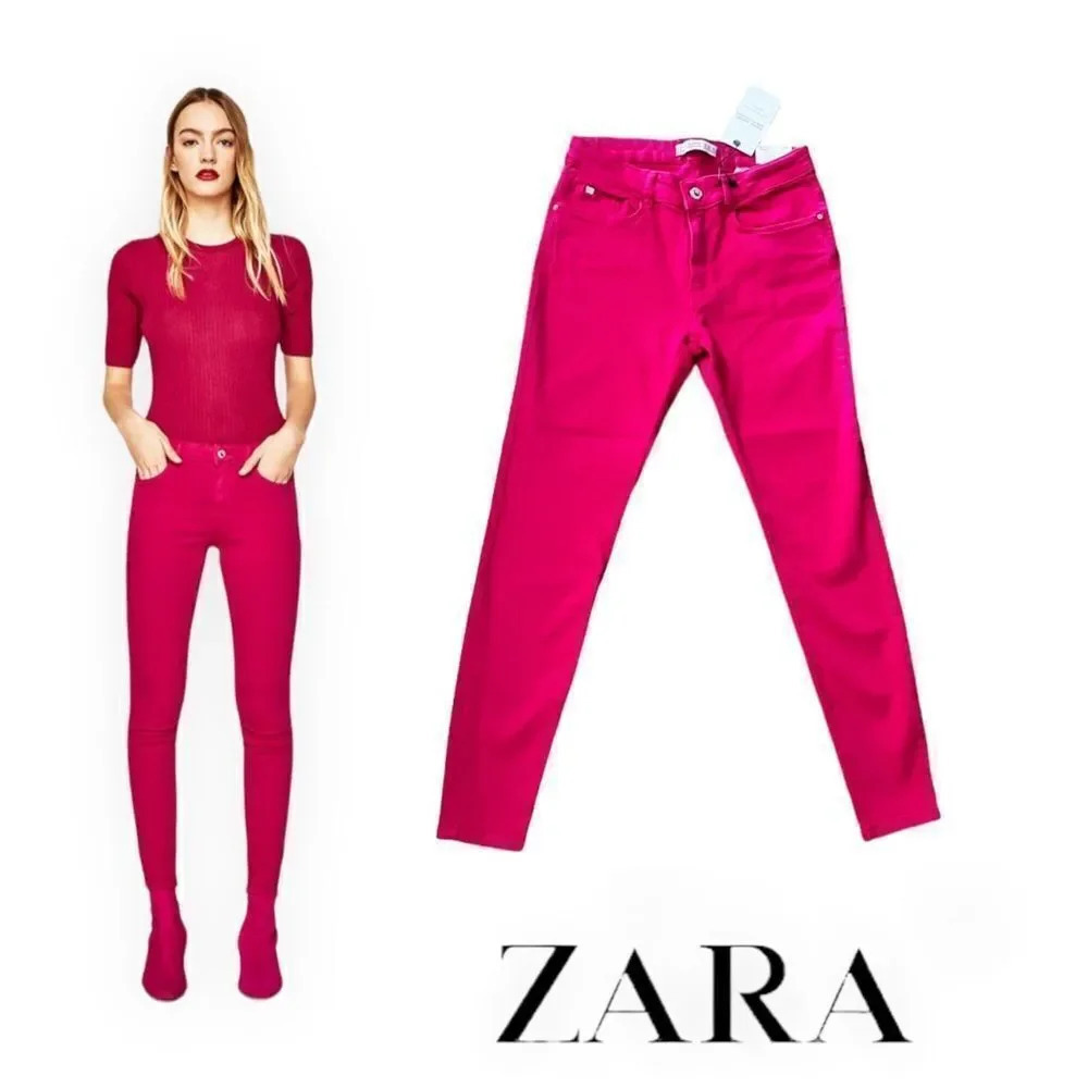 Zara Fuchsia Color Skinny Jeans Size 8 NWT Pink High Rise Stretch Denim Pants - Picture 8 of 8
